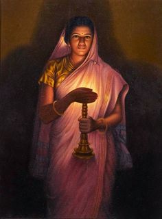 a painting of a woman holding a lamp in her hand and wearing a sari