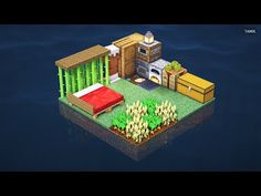 an island with a bed, dresser and other items in the middle of it that is floating on water