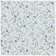 a green and white wallpaper with leaves on the top, in shades of grey