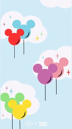 mickey mouse balloons in the sky with stars and clouds behind them on a blue background