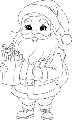 santa claus holding a christmas present coloring page