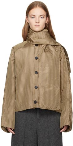 Insulated natural-dyed silk taffeta jacket. Check pattern throughout. · Detachable scarf at round neck · Button closure · Welt pockets · Full satin lining · Horn hardware Supplier color: Brown gingham Brown Gingham, Taffeta Jacket, Brown Checkered, Scarf Jacket, Dyed Silk, Silk Taffeta, Silk Dyeing, Check Pattern, Welt Pockets