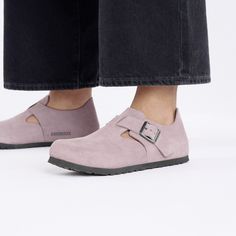 London Suede Leather Faded Purple | BIRKENSTOCK Birkenstock London Women, Fall Wedges, Birkenstock London, Effortlessly Pretty, Birkenstock Outfit, Suede Fashion, Purple Suede, Ladies Of London, Girls Sandals