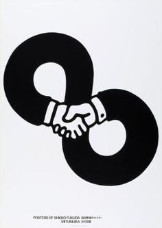 two people shaking hands in front of a black and white poster with the letter o