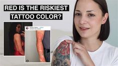 a woman with tattoos on her arm next to an ad for red is the rikset tattoo color