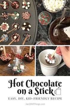 hot chocolate on a stick with marshmallows and sprinkles in it