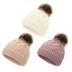 three hats with pom - poms are shown in three different colors and sizes