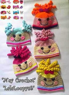 crocheted hats with pom poms and bows on them are arranged in rows