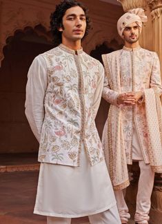 Ivory Kurta Set With An Embroidered Jacket Contrast By Parth - Fabilicious Fashion Bandhgala With Shawl, Luxury Tailored Wedding Sherwani, Luxury Katan Silk Unstitched Wedding Suit, Traditional Indian Outfits For Men, Luxury Silk Nehru Jacket For Reception, Indian Wedding Kurta For Men, Luxury Dola Silk Unstitched Wedding Suit, Ivory Kurta For Men, Unique Kurta Designs For Men