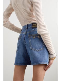 GUCCI Horsebit-detailed denim shorts | NET-A-PORTER Gucci Denim, Loafers Outfit, Denim Inspiration, Gucci Outfits, Gucci Horsebit, Fashion Gallery, Denim Details, Nice Shorts, Net A Porter