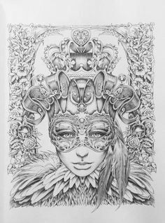 a drawing of a woman wearing a mask and feathers