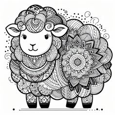 a black and white drawing of a sheep with intricate patterns on it's face