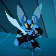 an animated character holding two large knives in front of a blue and black background with yellow eyes