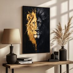 a painting of a lion on a wall next to a lamp and table with vases