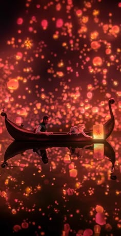 a boat floating on top of a body of water under a sky filled with lights