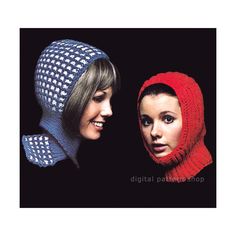 two women wearing knitted hats and scarves, one in blue and the other in red