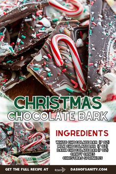 collage image of christmas chocolate bark with recipe ingredients Christmas Chocolate Bark, Chocolate Bark Christmas, Christmas Bark, Favorite Christmas Recipes, Food Holidays, Christmas Delights, Mini Candy Canes, Candy Bark, Christmas Sprinkles