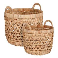 three woven baskets with handles on white background