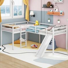 a child's bedroom with a slide and bunk bed