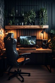 a desk with a computer on it and plants in the corner next to it at night