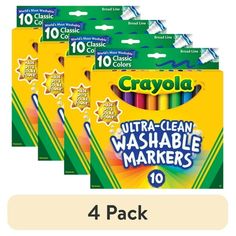 four crayol ultra - clean washable markers, each with 10 different colors