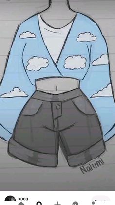 a drawing of a woman's shirt and shorts with clouds on it, in the background