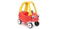 a small red toy car with wheels and a yellow top is on a white background