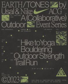 an advertisement for nike's outdoor event in the united states, with green and black lettering