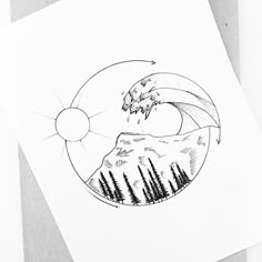 a drawing of a mountain with trees on it and the sun in the sky above