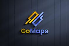 the logo for go maps is shown in blue and yellow letters on a dark background