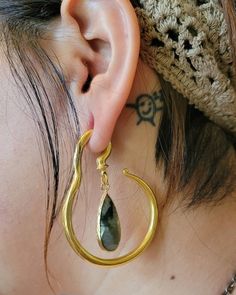 Handmade Labradorite Teardrop Earrings, Teardrop Brass Jewelry With Natural Stones, Unique Brass Teardrop Hoop Earrings, Hand-forged Teardrop Hoop Earrings, Pierced Brass Teardrop Earrings, Teardrop Labradorite Earrings, Hand Forged Labradorite Teardrop Jewelry, Spiritual Brass Teardrop Earrings, Ear Weights Hangers