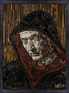 a painting of a woman with lots of tools on her face