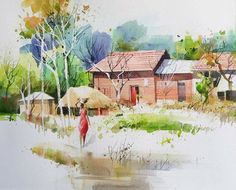 a watercolor painting of a woman walking with an umbrella in front of a house