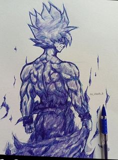 a drawing of a man in blue ink