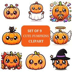 a set of cute pumpkins clipart with different faces and costumes for halloween or fall