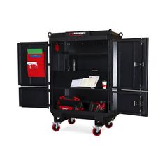 a black storage cabinet with tools on wheels