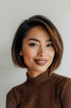 Chin Length Shatter Bob with Side Swept Bangs Bob With Sweeping Bangs, Bluntcut Bob Chin Length, Chin Length Bob With Bangs Fine Hair, Short Bob Asian, Short Bob Hairstyles For Fine Hair 2024, Asian Pixie Haircut, Best Bob Haircuts For Fine Hair, Assymetrical Haircut Bob, Short Bob Fine Hair