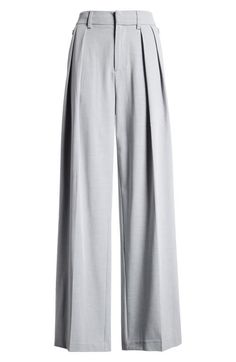 "Find GOOD AMERICAN Good '90s Suiting Pleated Wide Leg Pants on Editorialist. Neat pleats give way to the wide legs in staple pants you'll wear for desk days and drinks dates. 12 1/2\" regular front rise Zip fly with hook-and-bar closure Hidden side-zip closure 66% polyester, 28% viscose, 6% elastane Machine wash, tumble dry Imported Black Owned/Founded" Staple Pants, Pleated Wide Leg Pants, Gray Suit, Wide Legs, Good American, Dress Pants, Leg Pants, Side Zip, Wide Leg Pants