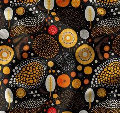 an abstract pattern with circles and leaves on black background, suitable for wallpaper or fabric