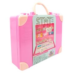 a pink suitcase that has some kind of toy on it's front and side