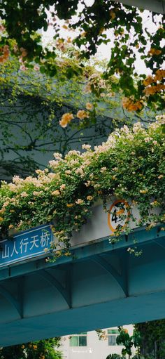 there is a blue bridge with flowers growing on it and a street sign in the foreground