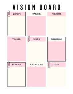 the vision board is shown in pink and white