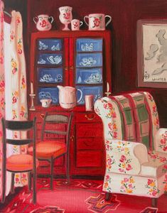 a painting of a living room with red walls and furniture, including a floral patterned arm chair