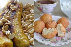 there are two pictures with different foods on the same plate and one is filled with nuts