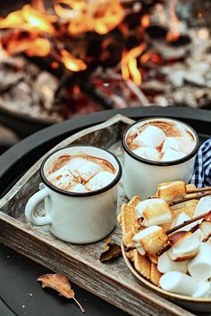 two cups of hot chocolate and marshmallows sit on a tray in front of an open fire pit