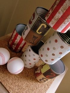 baseballs and cups are stacked on top of each other