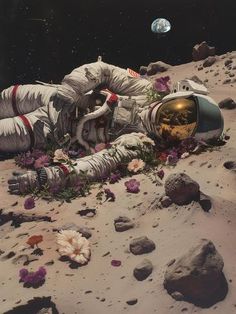 an astronaut is laying on the ground with flowers in his hand and another space object in the background