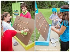 two pictures of children playing with a cardboard board