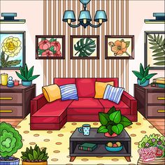 a living room filled with furniture and potted plants