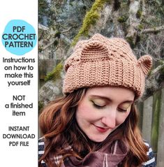 a woman wearing a knitted bear hat and looking down at her cell phone with the caption, free crochet pattern instructions on how to make this yourself not finished item